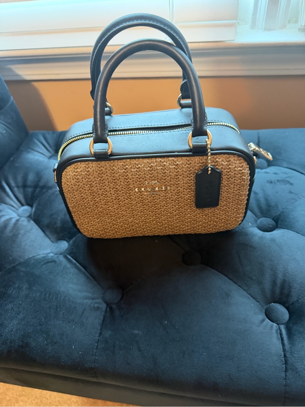Coach Black & Natural Straw Camera Satchel